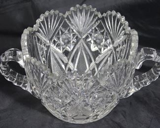 American brilliant cut crystal double handled bowl 5” H x 6 1/2” bowl diameter, overall 10” W