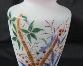 Victorian Bristol Blown Art Glass Hand Painted enameled Vase 13” H x 6” diameter