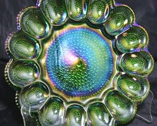Indiana Glass green carnival deviled egg tray 11” diameter