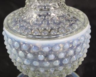 Moon glow Hobnailed Covered Candy Dish. 7” H x 5” diameter 