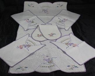 Hand Embroidery 8 piece set:  Pair Standard Pillow Cases (not shown), Dresser Scarf/Runner, 3pc Vanity Set, and 2pc Night Stand Doilies.