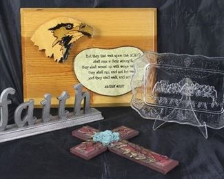 Isiah 40:31 wood plaque, Faith standing plaque, Indiana Glass Co. “Lords Supper” bread tray, and Teal Rose Wall Cross