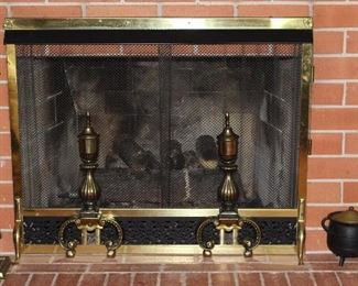 Brass  Fireplace Screen with andirons and 5 piece Tool Set.  Also shown: Antique Cast Iron Smelting/Smudge “fire starter” Pot with brass lid & wand and a Blacklock #8 Sad Iron with Wrought Iron trivet.