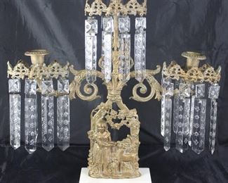  Antique Gilt Bronze  3 -Light Candelabra 1800's Girandole Candle Holders, Victorian w/ Crystal Prisms, 