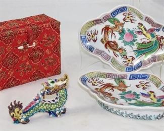 Oriental Brocade Box, Hand Painted Porcelain Dragon and Pedestal Oval Trays (2 ea)