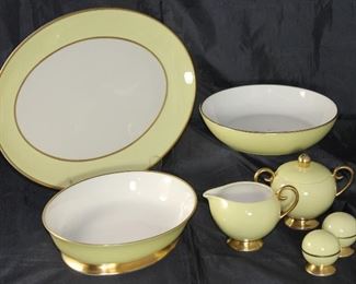 Sylvan “Yellow” by Flintridge (1964-71); 14” oval platter, oval vegetable bowl, round vegetable bowl, sugar, creamer and 4 sets of ball salt and pepper shakers