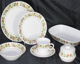 “Homecoming” by Noritake (1966-1979) 7 dinner plates, 5 salad plates, 4 coupe cereal bowls, 6 cups & saucers, oval vegetable bowl, sugar and creamer (creamer not shown)