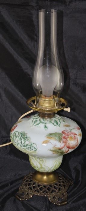 Victorian Hand Painted milk glass font oil lamp with electrical added 20” H