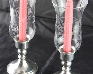 Web pewter weighted candlesticks with etched glass hurricane globes 