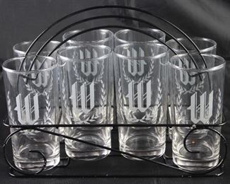 Vintage Initial “W” Tumblers (8) in Black Metal Wire Caddy