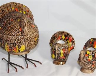 Vintage Ceramic Turkey Covered Dish on Standing Metal Legs and a pair of Turkey Candle Holders