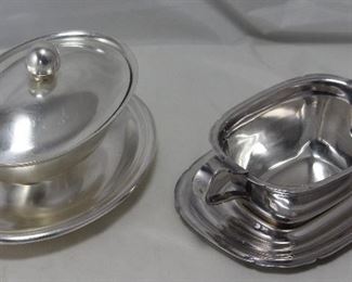 Vintage Silver Plate:  Reed and Barton USN (Navy)  Covered Gravy Boat with attached Under-plate and an open Gravy Boat with Under-plate