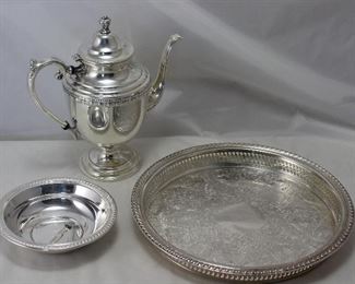 William Rogers Silverplate 12” Gallery Tray, Pedestal Coffee Server, 6 1/2” Bowl