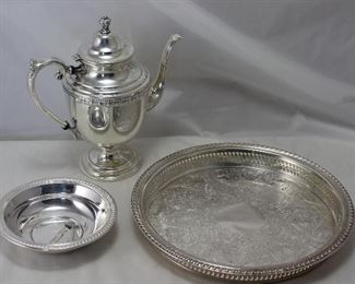 William Rogers Silverplate 12” Gallery Tray, Pedestal Coffee Server, 6 1/2” Bowl 