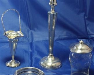 Sterling Silver 10” Poole Candlestick 1920-30’s, Sterling Silver Basket bud vase with handle, Wallace Sterling etched crystal jam jar, Sterling banded crystal coaster