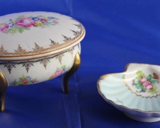 Limoges France Footed Standing Covered Trinket Box and Shell Dish