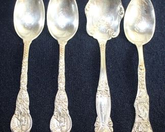 Sterling Silver: Wendell Mfg. Co. “Ariel” Dessert Spoons (2 ea.) c.1895 and “Emperor” Sugar Spoon 1875 and Watson Silversmith Hot Springs, Arkansas Sterling Silver Spoon 1890’s