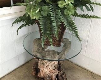 Unique Root Burl Wood Patio Side table with glass top