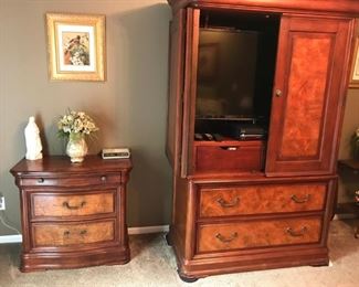 Mahogany and burl wood bedroom set including: Media armoire, dresser with mirror and night stand.