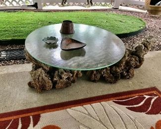 Unique Root Burl Wood Patio table with glass top