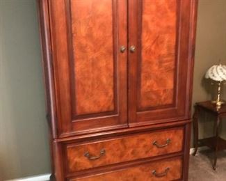 Mahogany and burl wood bedroom set including: Media armoire, dresser with mirror and night stand.