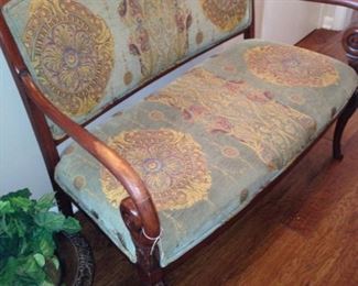 One of two robin egg blue & gold settees