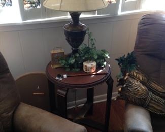 Small round side table; lamp
