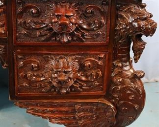 060d  Mahogany heavily carved partners desk with wing griffins, attrib. to Horner, 31 in. T, 56 in. W, 34 in. D.