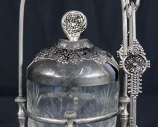 264a  Victorian silverplate pickle caser with cut glass jar, 11 in T.