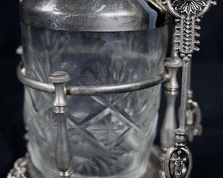 264b  Victorian silverplate pickle caser with cut glass jar, 11 in T.