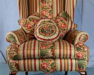 361a  Queen Anne wing back chair with floral fabric, 50 in T, 35 in. W, 18 in. D.