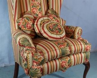 361b  Queen Anne wing back chair with floral fabric, 50 in T, 35 in. W, 18 in. D.