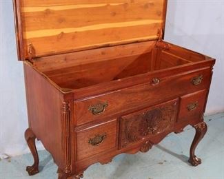 362b  Cedar chest with ball and claw feet 33 in T X 42 in W X 21 in D