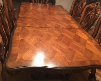 Stunning Dining Table with (1) Leaf and 8 Carved High Back  Chairs