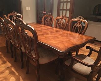 Side View of Dining Table with Leaf and (8) High Back Chairs 