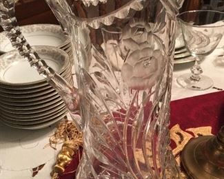 Beautifully Etched Tall Crystal Pitcher 