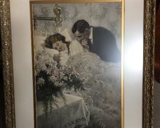 Signed J. Clyde Squires Victorian Print 
Framed and Matted
“Mother, Father & New Baby” Print