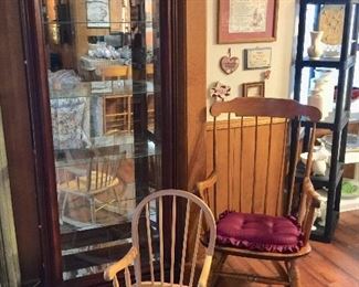 Curio cabinet, rocker, child’s Rocker