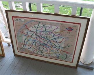 Framed Paris subway map, on cloth/linen