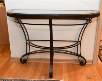 Contemporary Demilune Console Table (metal base, wood & glass top)
