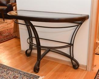Contemporary Demilune Console Table (metal base, wood & glass top)