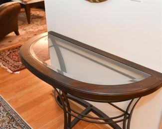 Contemporary Demilune Console Table (metal base, wood & glass top)