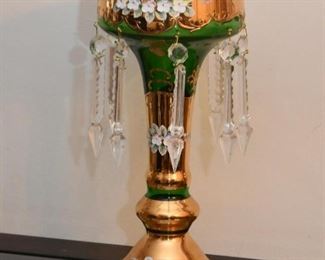 Vintage Hand Painted Glass Luster / Candle Holder with Crystals