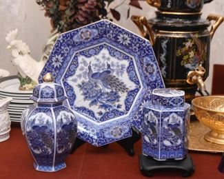 Fine China Plate (Peacock), Ginger Jars (Peacock plate is SOLD)