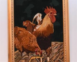 Framed Persian Tabriz Carpet Artwork / Wall Hanging (Chickens)