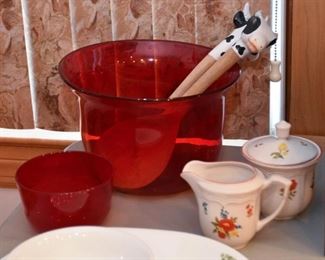 Red Glass Serving Bowl, Sugar & Creamer Set