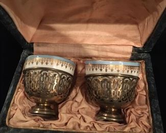 Antique Russian silver and porcelain cups, original box