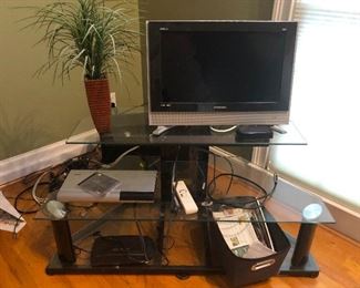 Lotta glass in this media stand. Gotta love it. Rod Stewart plant on the left there.