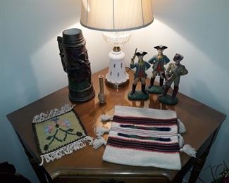 Woven Bag, and Mat, Figurines, Stein, and Lamp