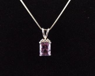 .925 Sterling Silver Emerald Cut Amethyst Pendant Necklace